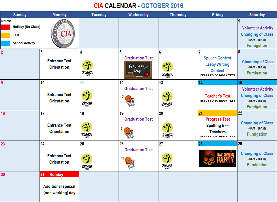 [CIA語言學校] CIA Calendar 十月份行事曆