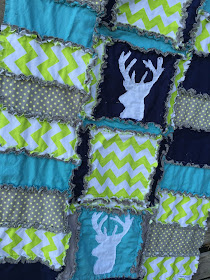 Closeup of Stag Raw Edge Appliqued Deer Head Silhouette on the Rag Quit Baby Blanket by A Vision to Remember