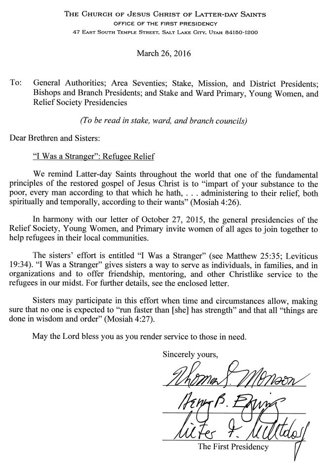 UC Relief Society News I Was a Stranger Letter from the First Presidency