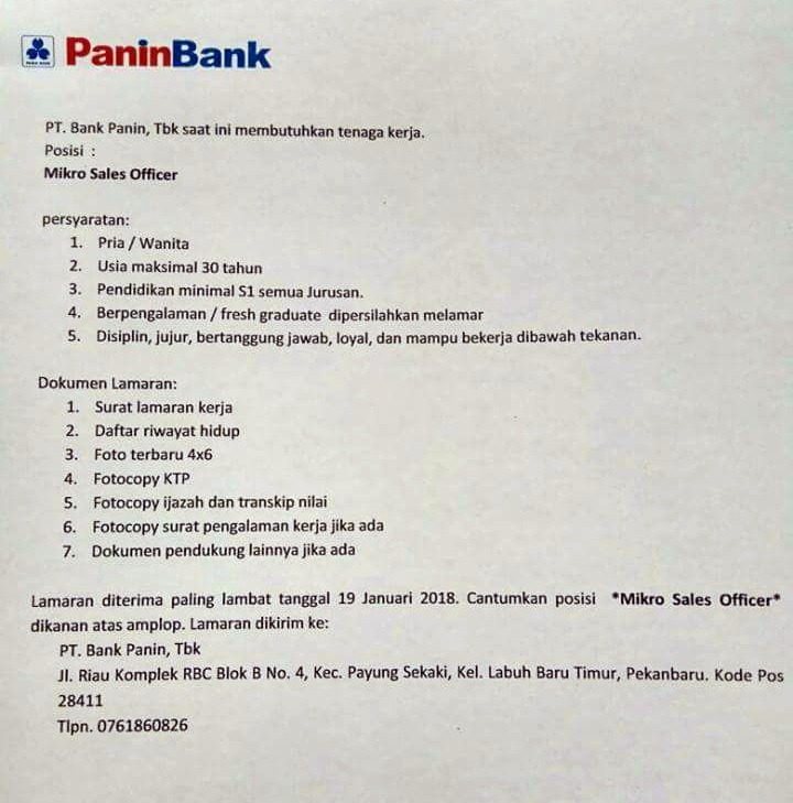 Lowongan Kerja Pt Bank Panin Tbk Ditutup 19 Januari 2018