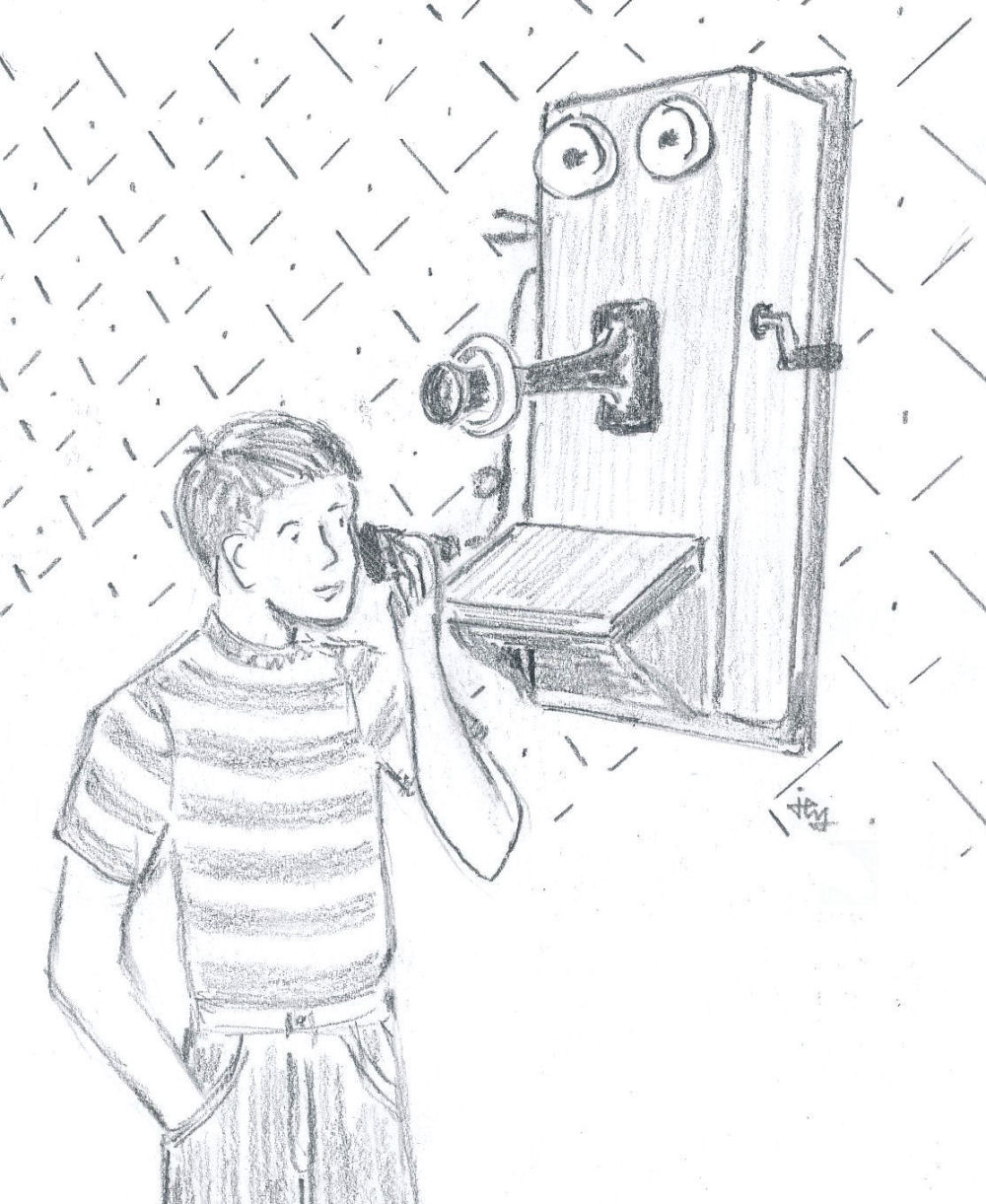 sketch of a boy talking on an old fashioned wall telephone from the book The Hitchhiker