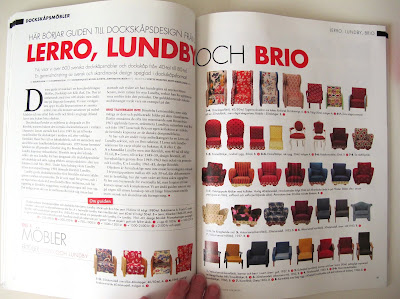 Internal pages of the magazine Retro Klassiker Leksaker Design i Dockskåpet, showing a selection of  vintage dolls' house chairs by Lerro, Lundby and Brio.
