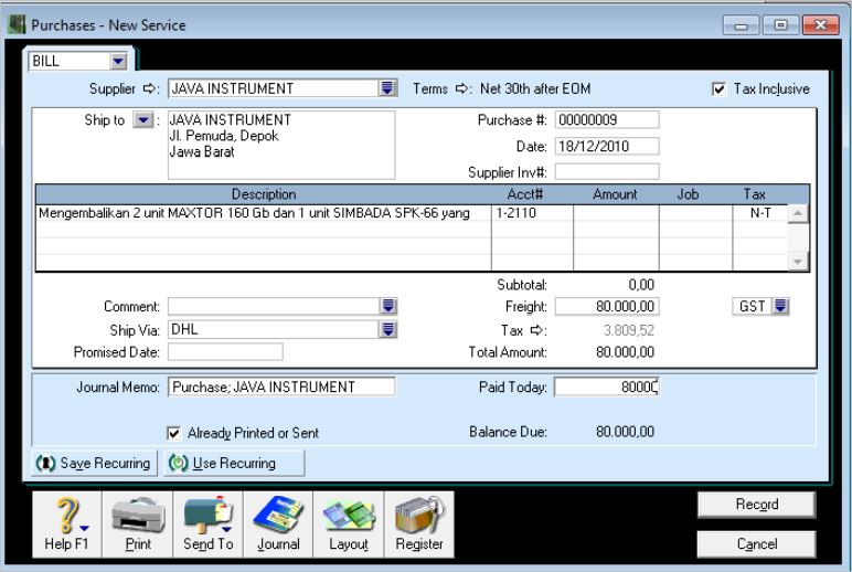 Purchase pada Myob | Pengetahuan