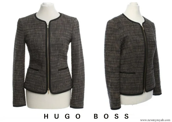 Queen Letizia wore Hugo Boss Koralena tweed boucle blazer jacket in black charcoal grey