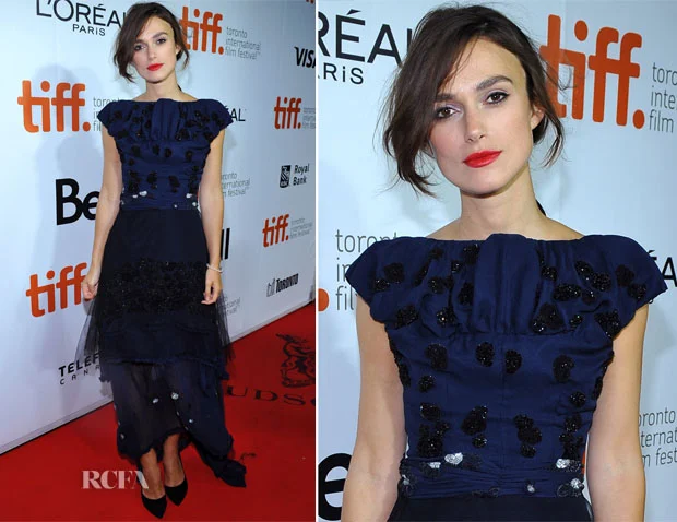 Keira wears both the color navy and a boatneck neckline so well, and this intricate and creative look is a fun addition to her arsenal of lovely ensembles during TIFF.