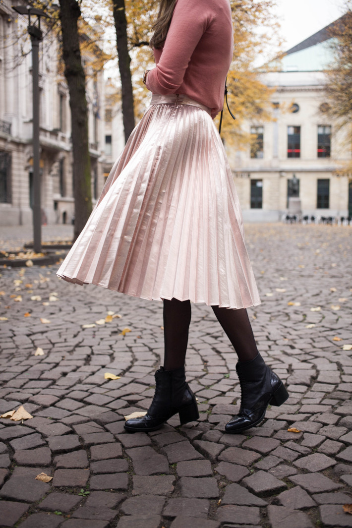 pink metallic pleated skirt, lace up booties