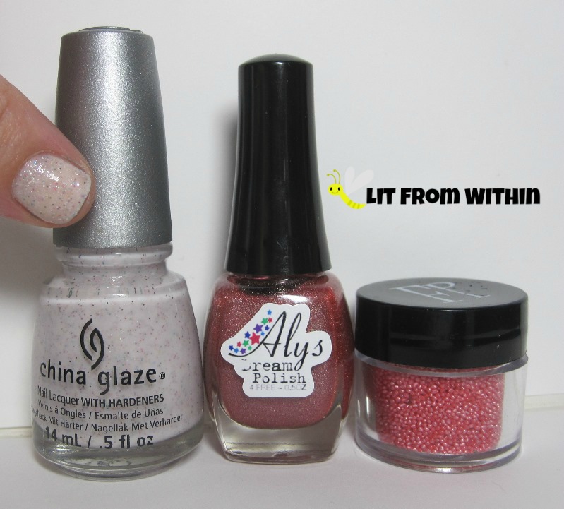 Bottle shot: China Glaze Sand Dolla Make You Holla, Aly's Dream Polish Salmon, and Finger Paints microbeads in Sugar-Coated.
