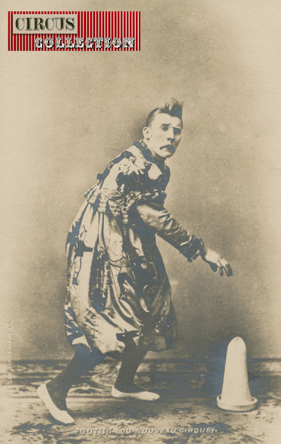 Carte postale du Nouveau Cirque à la fin du 19 Eme siècle avec comme sujet le clown Footit