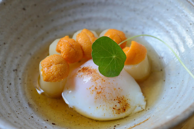 Image of Simmered White Asparagus with Sea Urchin and Onsen Eggs by Naoko Takagi
