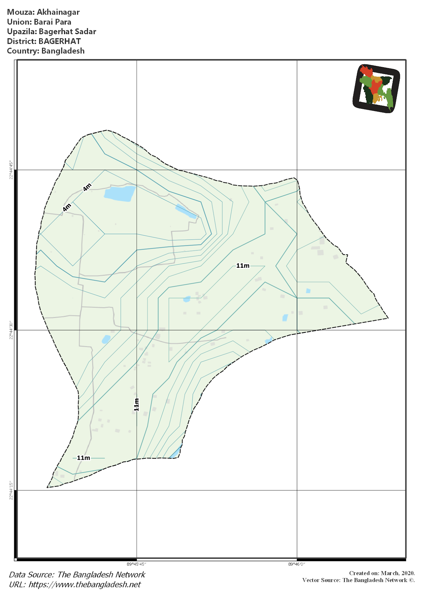 Map of Akhainagar Mouza of Bagerhat Sadar Upazila, BAGERHAT, Bangladesh.