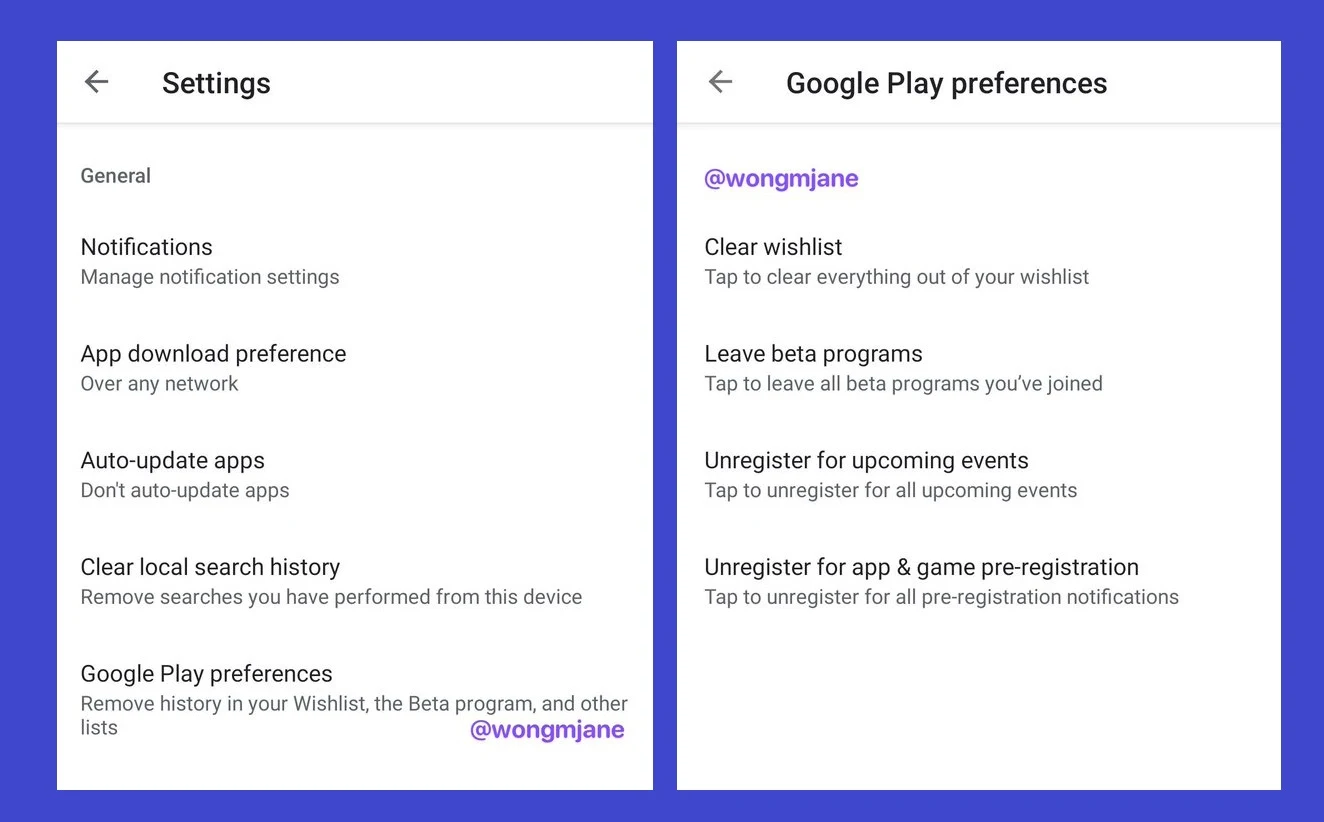 Google Play Store is testing "Google Play preferences" page, providing options to remove some user data