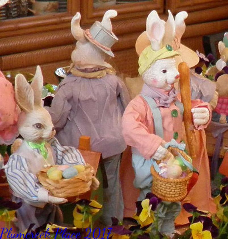 Easter Decor burlap chargers, burlap table covering, daffodils, Domestications Bunny Plates, Easter decor, Easter tablescape, Here comes Peter Cottontail, Paper Mache Bunnies, Peter Cottontail, violas