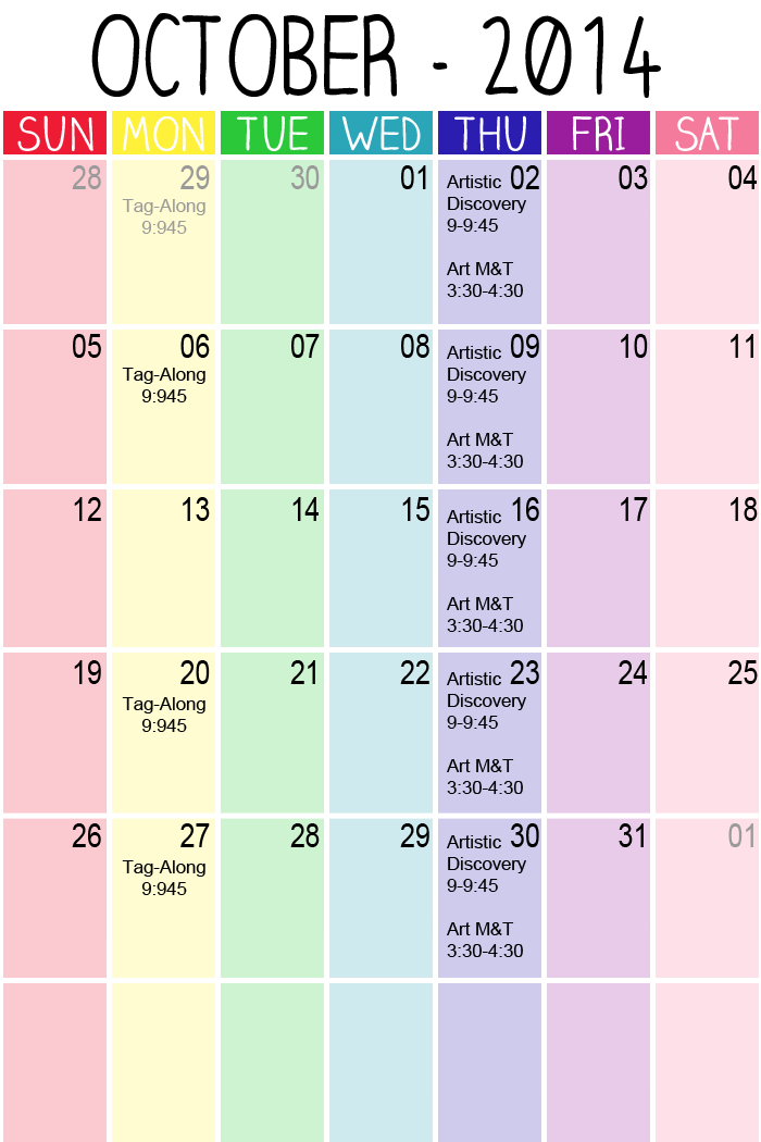 messy palette art studio's october class calendar