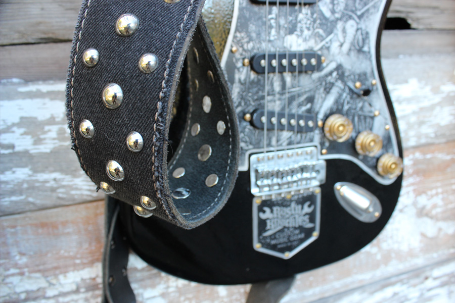 Custom Studded Denim & Leather Guitar Strap - Rusty Knuckles - Motors ...