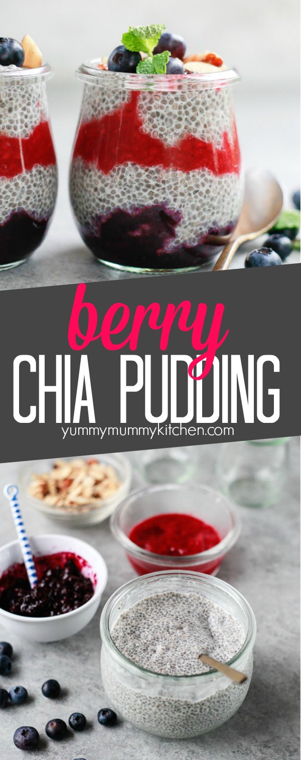 This overnight chia pudding with almond milk has layers of blueberry, raspberry, or strawberry. Chia pudding cups make a delicious and beautiful vegan breakfast idea. 
