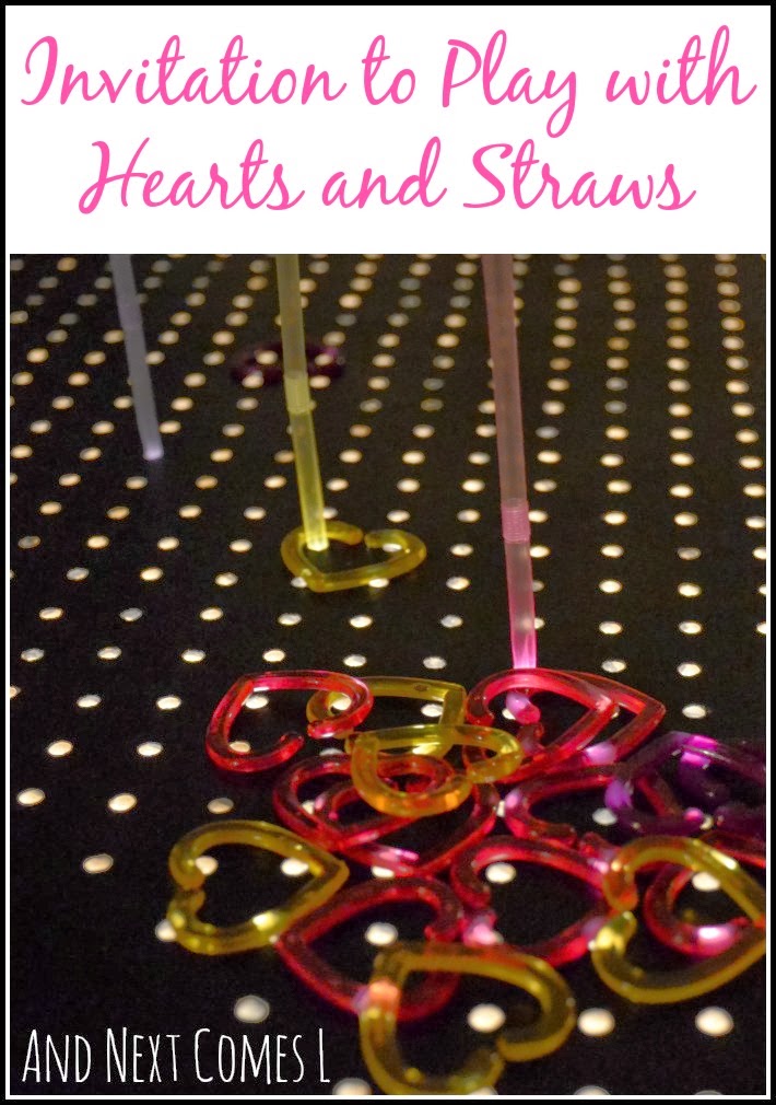 Invitation to play with hearts, straws, and light. - a great fine motor activity from And Next Comes L