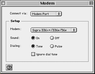 The Modem control panel, configured