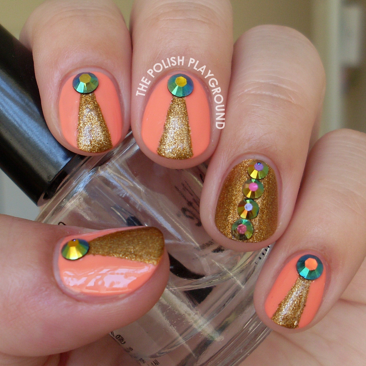 Peach and Gold with Round Rhinestones Nail Art
