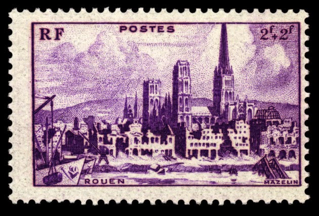timbre de 1945 , série des villes martyres de la Seconde Guerre Mondiale - N° 745 Yvert et Tellier