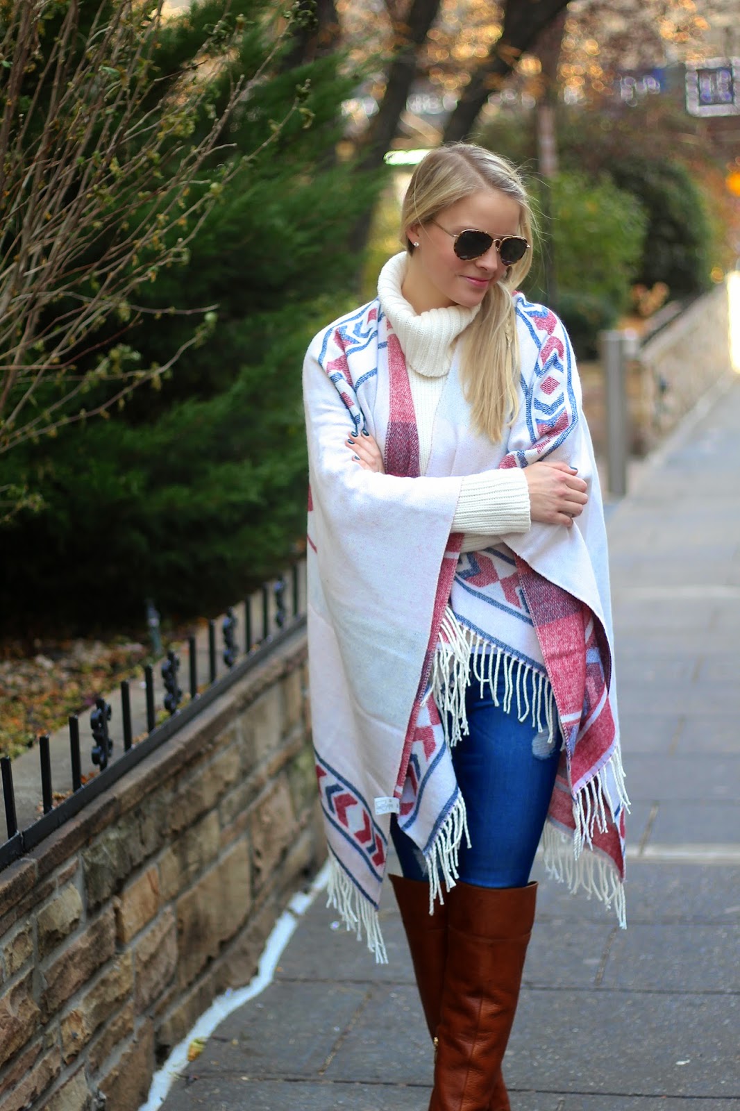 aviators, fall fashion, poncho, how to style a poncho, sweater, distressed denim, over the knee boots