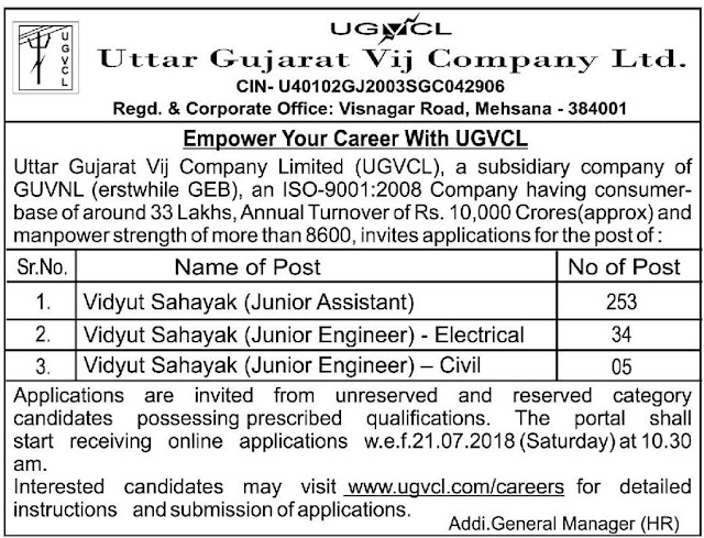 UGVCL Recruitment for 292 Vidyut Sahayak (Junior Assistant & Junior Engineer) Posts 2018