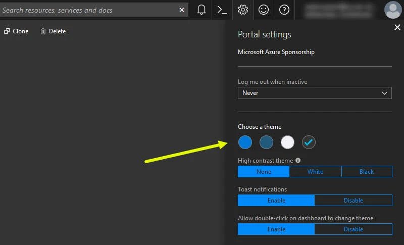 How to quickly change the Theme in Microsoft Azure Portal?