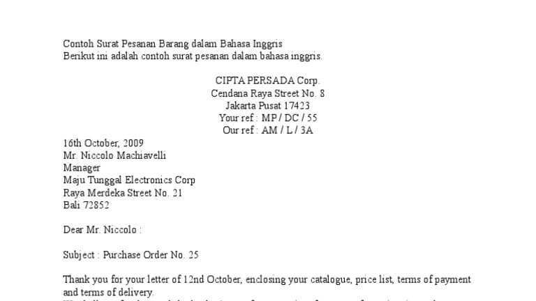 Contoh Surat Order Dalam Bahasa Inggris Nusagates