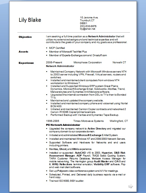 Network Administrator Resume Examples in Word Format Free Download