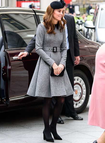 Kate Middleton is wearing a grey Catherine Walker dress and the Lock and Co hat