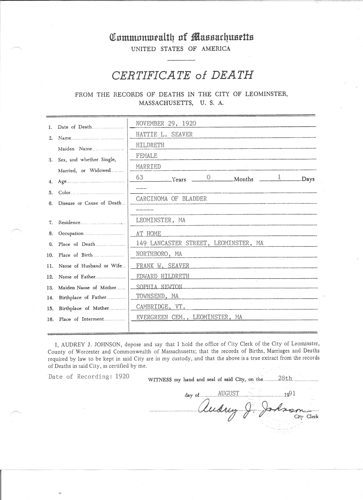 GeneaMusings Treasure Chest Thursday Hattie (Hildreth) Seaver's