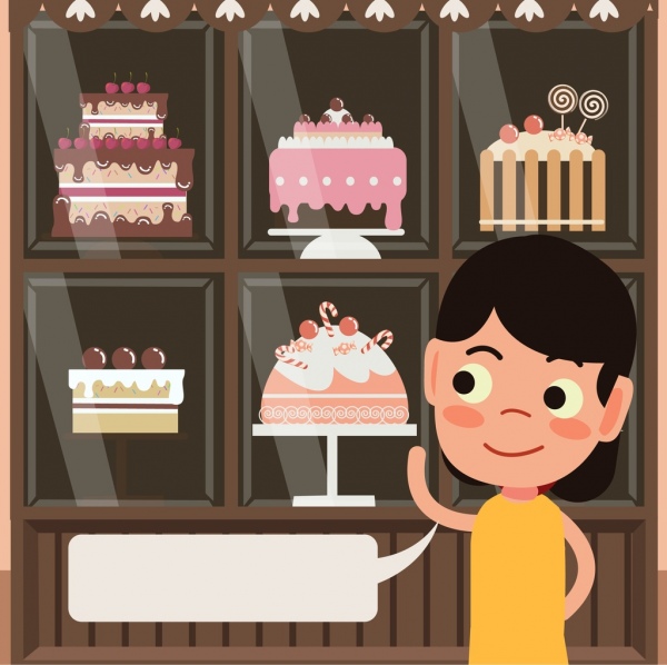 Birthday cakes adverting girl speech bubble icons decor Free vector