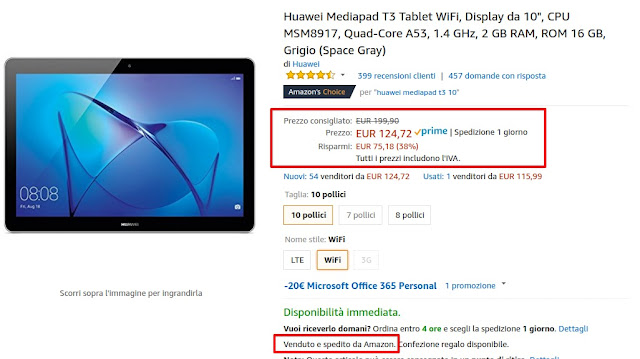 Super offerta Amazon: Huawei MediaPad T3 10 Wifi disponibile oggi a 124 euro venduto e spedito da Amazon