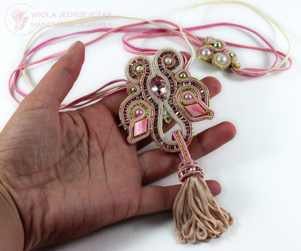 Handcraft jewelry. Stylish and luxury jewelry.  beautiful pink soutache necklace, swarovski, tassel