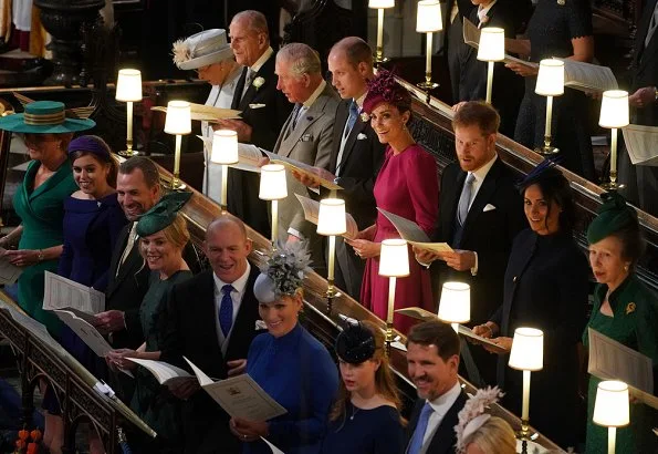 Queen Elizabeth, Kate Middleton, Meghan Markle, Princess Charlotte, Prince George at wedding. Savannah Philips, and Autumn. wedding tiara