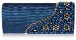 Ladies Teal Blue Satin Beaded Designer Clutch Evening Bag - KCMODE