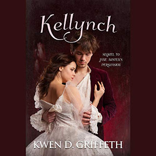 Kellynch: Sequel to Jane Austen's Persuasion audiobook cover. A couple in regency dress embrace. The woman is wearing an ivory gown and the man is wearing a burgundy jacket.