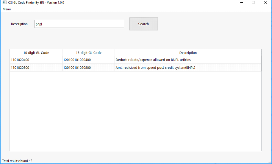 CSI Tool for searching GL Codes
