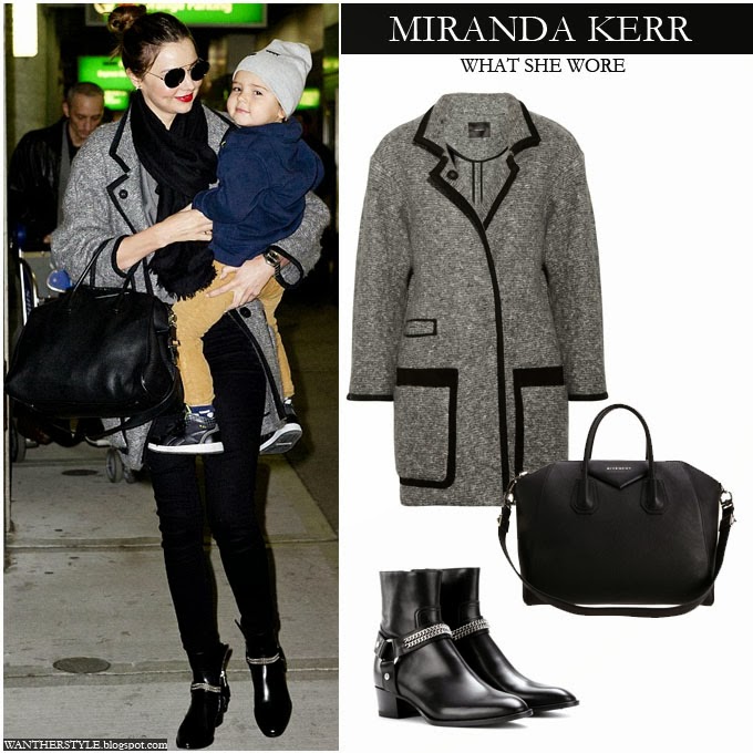 WHAT SHE WORE: Miranda Kerr in grey wool coat with black skinny jeans