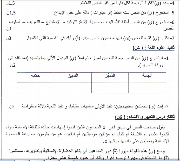 نموذج الإمتحان الجهوي في مادة اللغة العربية لسنة 2014 للسنة الأولى باكالوريا شعبة الإقتصاد و التدبير جهة الغرب شراردة