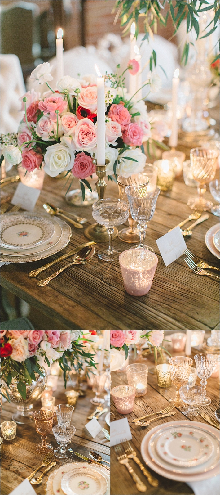 Romantic pink and white centerpiece with candles