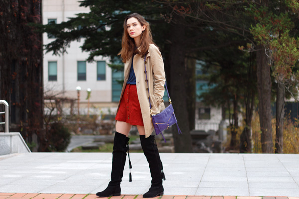 modern retro style, 70s style, fall fashion, suede skirt, over the knee boots, asos, zara, funnel collar, burberry trench, botkier legacy