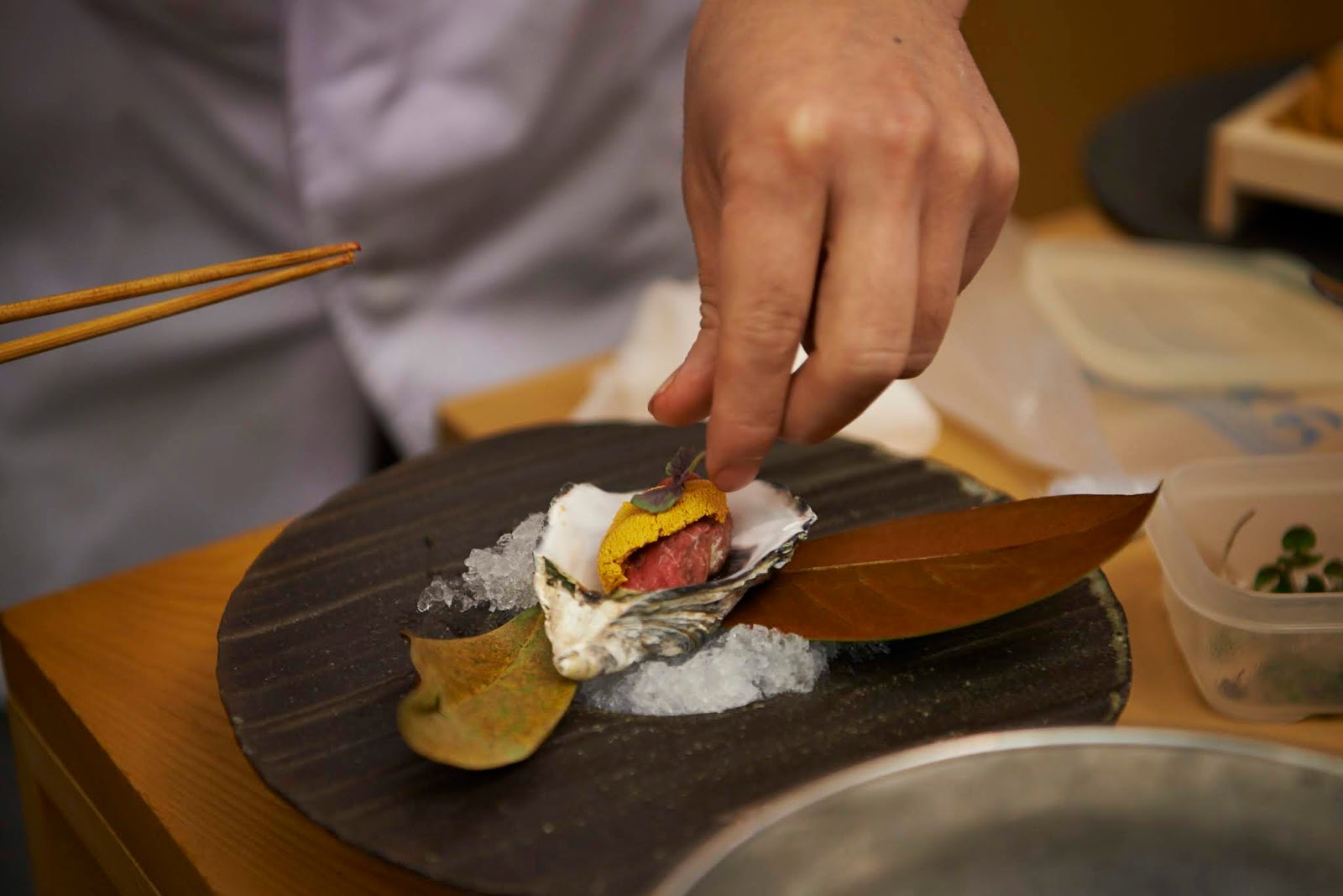 Ippin Kumamoto Oyster Wrapped with Washyugyu and California Sea Urchin