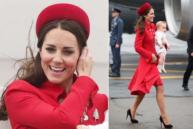 Kate wears red Catherine Walker coat dress and and has been loaned the Queen's silver fern brooch.