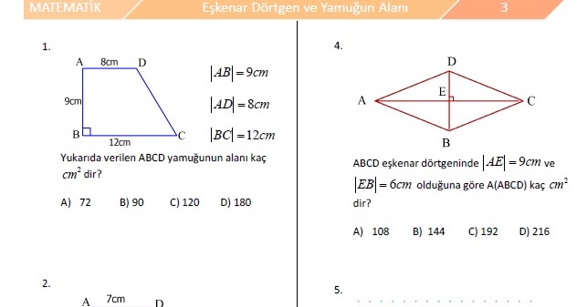 7 sinif eskenar dortgen ve yamugun alani test test matematik