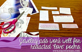 Jewelry ads work well for redacted "love" poems