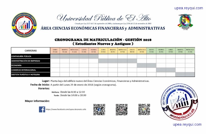 UPEA 2018: Cronograma de Matriculación Gestión Académica 2018 para el Área de Ciencias Económicas Financieras y Administrativas