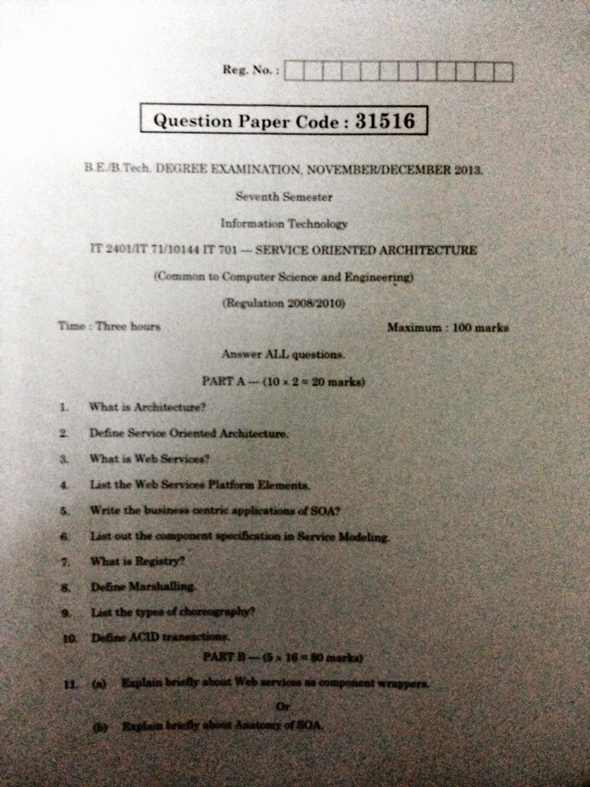 Udstråle Final Skulptur Anna University Chennai B.Tech IT: IT 2401/IT 71/10144 IT 701 - Service  Oriented Architecture Nov Dec 2013 Question Paper - University Question  Papers