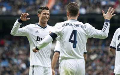 Sergio Ramos and Cristiano Ronaldo celebrate their goals against Getafe