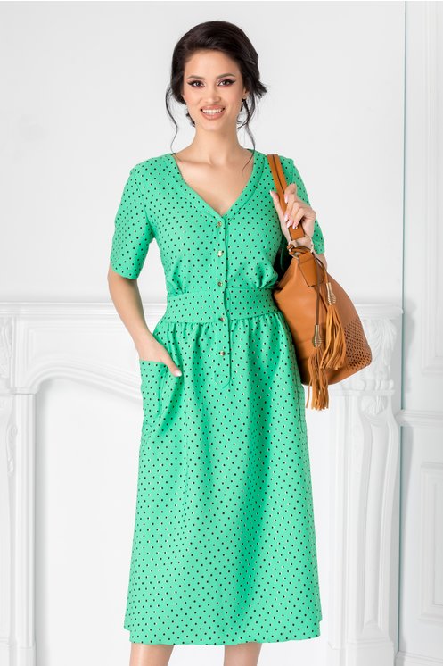 rochie verde office imprimeu cu buline negre si detalii aurii nasturi la bust talie marcata rochie verde office imprimeu cu buline negre si detalii aurii nasturi la bust talie marcata