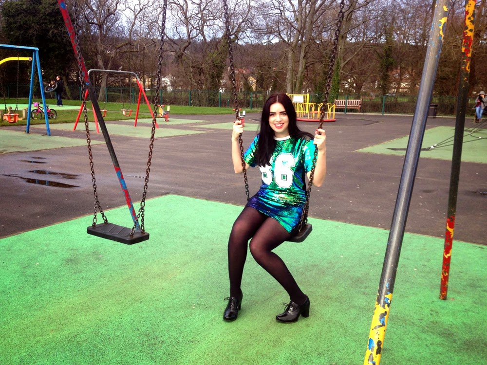 London fashion blogger Emma Louise Layla in green sequin Boohoo dress